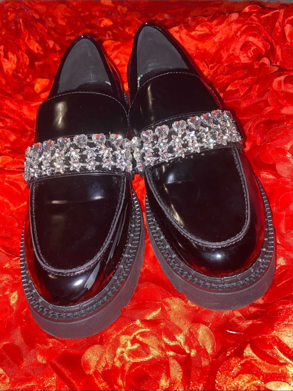 GB  Black Patent Loafers with Crystal Heart & Star Trim